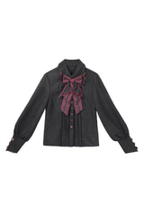 Black/Red [Demon Ritual] Stand Collar Long Lantern Sleeves Jacquard Embroidered Bow Gothic Prince Ouji Lolita Shorts Set - Top(Only) - 10