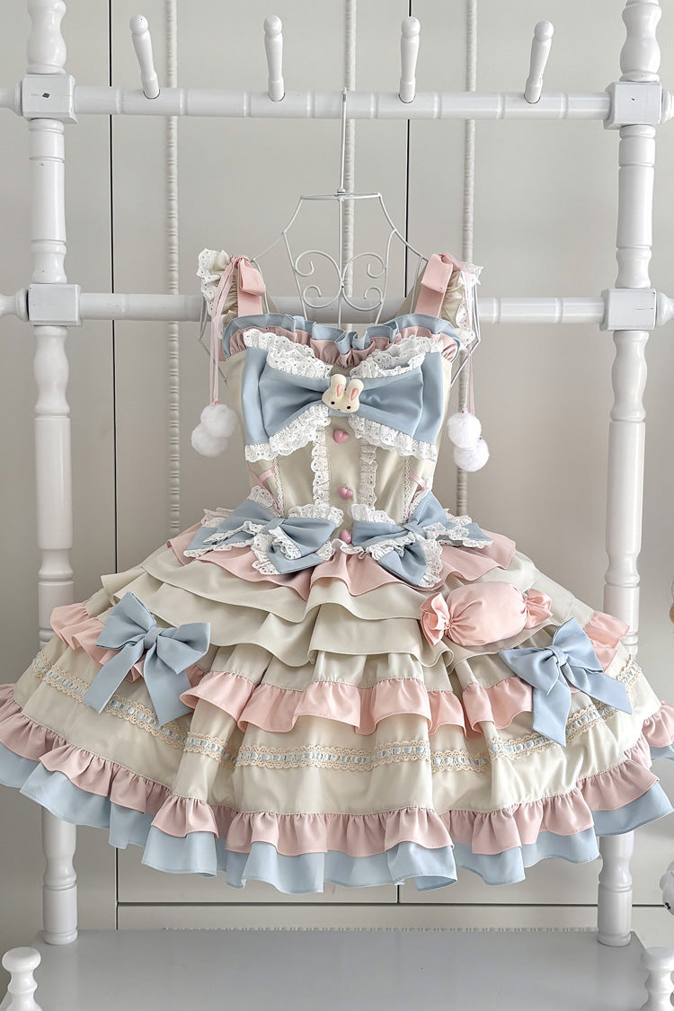 Blue/Pink/Ivory [Candied Pastry Crisp] Multi-Layered Ruffled Bow Sweet Lolita Jsk Dress - Product - 3
