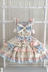 Blue/Pink/Ivory [Candied Pastry Crisp] Multi-Layered Ruffled Bow Sweet Lolita Jsk Dress - Product - 3