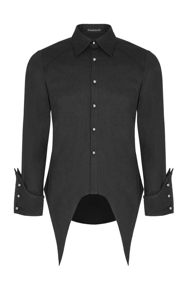 Black Long Sleeve Front Metal Pattern Buckle Sharp Corner Hem Men's Gothic Shirt - Product - 4