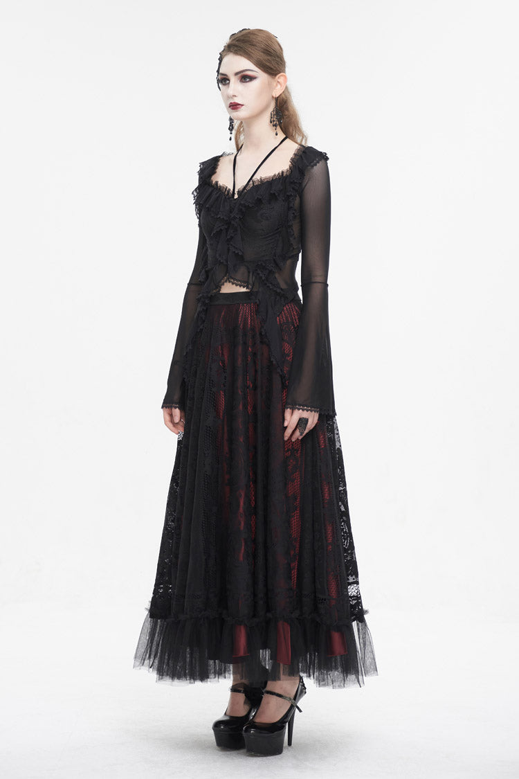 Black Lace Up Ruffled Trumpet Sleeves Mesh Women's Gothic Shirt - Product - 6