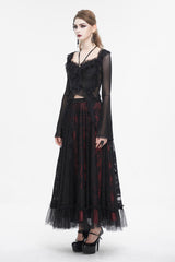 Black Lace Up Ruffled Trumpet Sleeves Mesh Women's Gothic Shirt - Product - 6