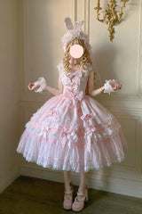 Pink [Sakura Bunny Ballad] Square Collar Flutter Sleeves Jacquard Ruffled Bow Lace Sweet Elegant Luxurious Long Lolita Jsk Dress - Product - 7