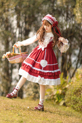 Wine Red Lace Stitching High Waisted Bowknot Ruffled Sweet Lolita Jsk Dress - Product - 2