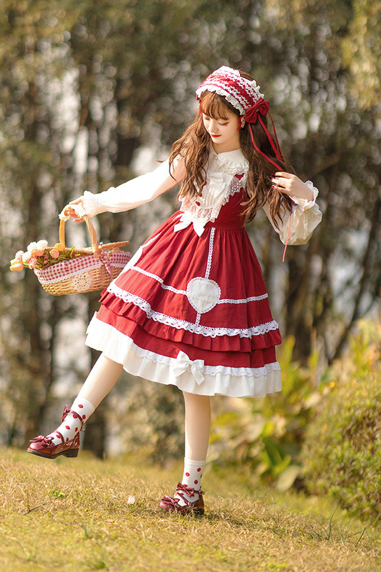 Wine Red Lace Stitching High Waisted Bowknot Ruffled Sweet Lolita Jsk Dress - Product - 2