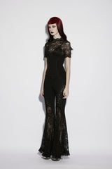 Black Stand Collar Short Sleeves Cut-Out Lace Slim Sheer Faux Two-Piece Women's Gothic Top - Product - 5