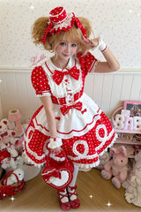 [A Day as a Candy Shop Owner] Peter Pan Collar Short Sleeves Printed Bow Sweet Lolita Dress 3 Colors (Red, Blue, Pink) - Product - 17