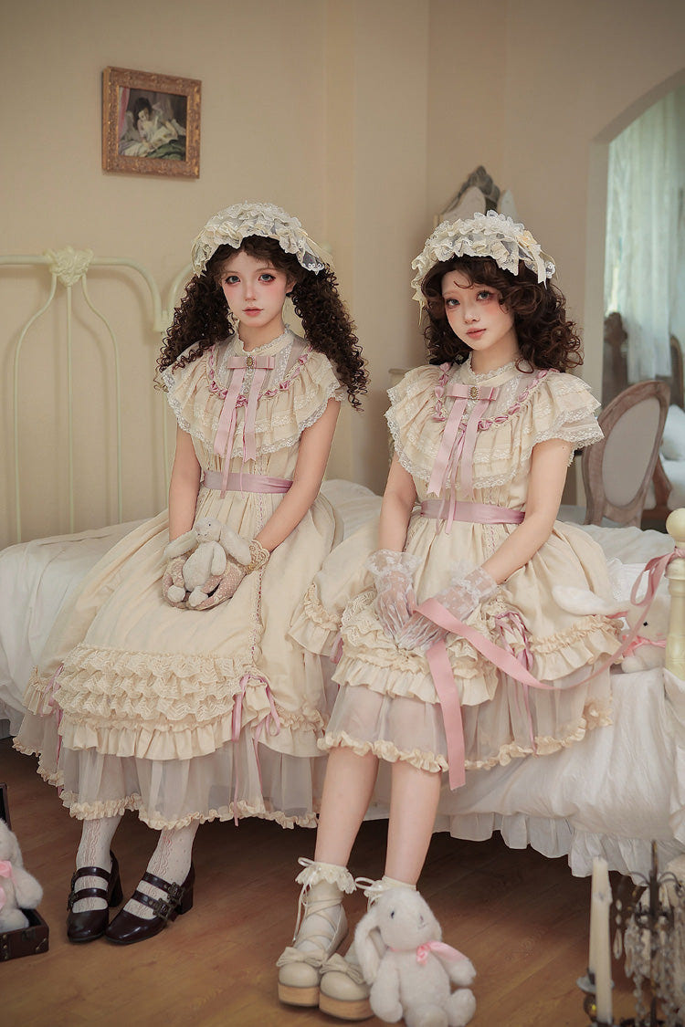 Apricot [Lily's Dream] Stand Collar Short Sleeves Loose-Fit Doll-Like Multi-Layered Ruffled Bow Lace Sweet Lolita Dress 2 Versions - Product - 5