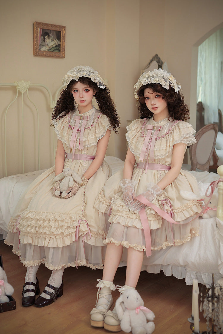 Apricot [Lily's Dream] Stand Collar Short Sleeves Loose-Fit Doll-Like Multi-Layered Ruffled Bow Lace Sweet Lolita Dress 2 Versions - Product - 5