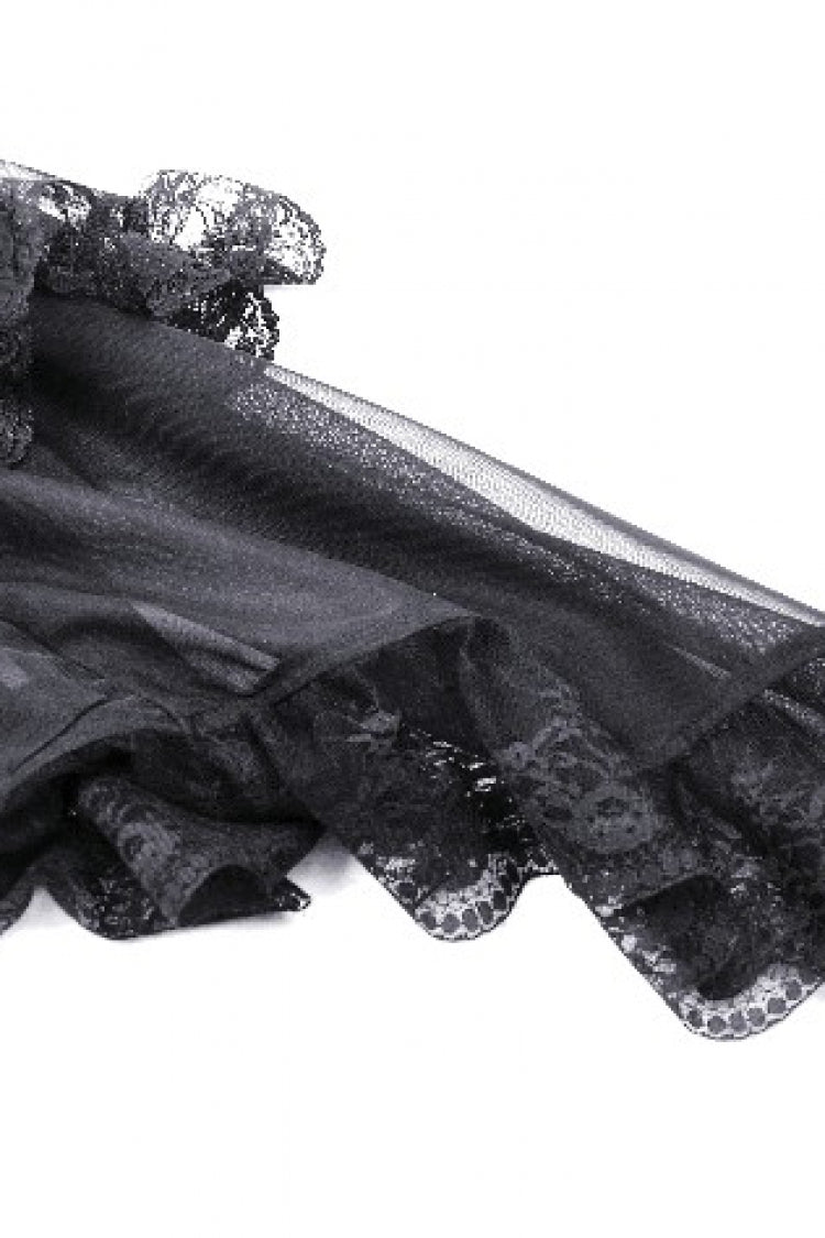 Black Off Shoulder Boat Neck Multi-Layered Long Trumpet Sleeves Lace Spliced Tulle Lace-Up Women's Gothic Fantasy Dress - Product - 18