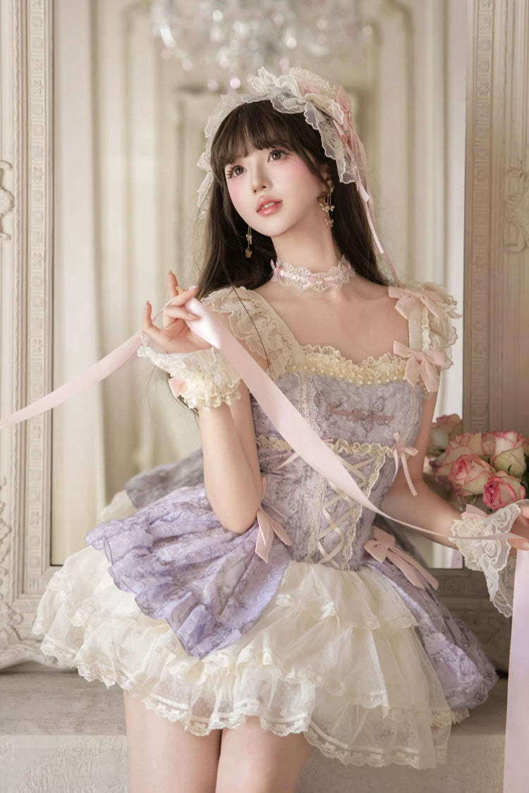 [Summer Butterfly] Square Collar Flutter Sleeves Multi-Layered Printed Ruffled Bow Lace Sweet Lolita Jsk Dress 5 Colors (Blue, Pink, Purple, Green, Beige) - Product - 7
