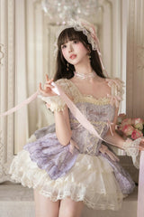 [Summer Butterfly] Square Collar Flutter Sleeves Multi-Layered Printed Ruffled Bow Lace Sweet Lolita Jsk Dress 5 Colors (Blue, Pink, Purple, Green, Beige) - Product - 7