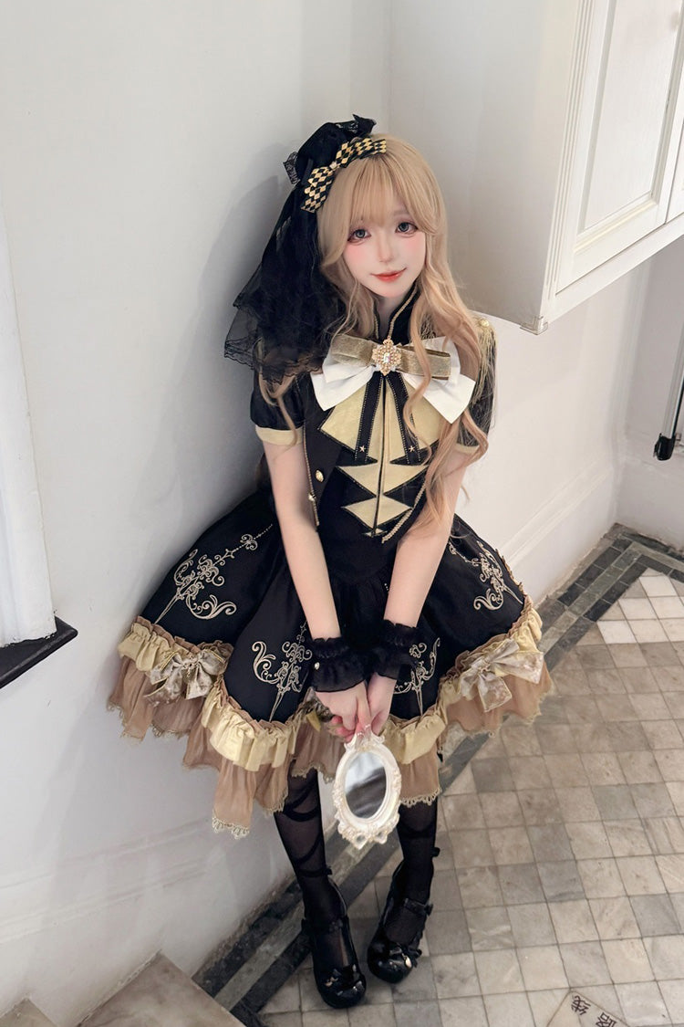 Black [Gilded Oath] Short Sleeves Double-Layered Ruffle Embroidery Bowknot Gothic Lolita Dress - Product - 10