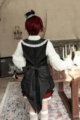 Red/Black [Candy Shop] V Collar Sleeveless Bow Lace Sweet Ouji Lolita Shorts Vest Set - Product - 4