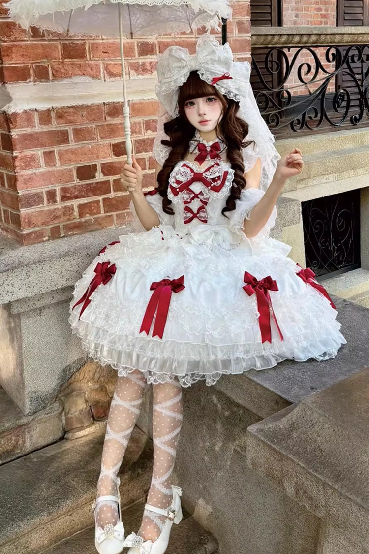 White [Dream of the Misty Moon] Sleeveless Multi-Layered Ruffled Bow Lace Pearl-Decorated Sweet Princess Lolita Jsk Dress - Product - 2