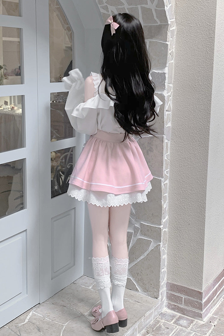 White/Pink Off Shoulder Long Sleeves Ruffle Bowknot Lace Sweet Jirai Kei Skirt - Product - 7
