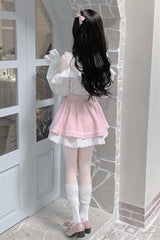White/Pink Off Shoulder Long Sleeves Ruffle Bowknot Lace Sweet Jirai Kei Skirt - Product - 7