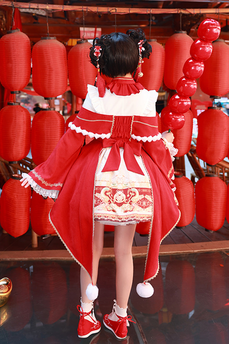 Red [New Year] Print Ruffle Bowknot Lace-Up Sweet Chinese Style Lolita Jsk Dress - Product - 10