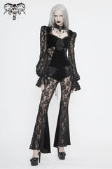 Black Front Chest Decals Lantern Sleeve Lace Cuff Back Lace-Up Knitted Velvet Women's Gothic T-Shirt - Product - 5