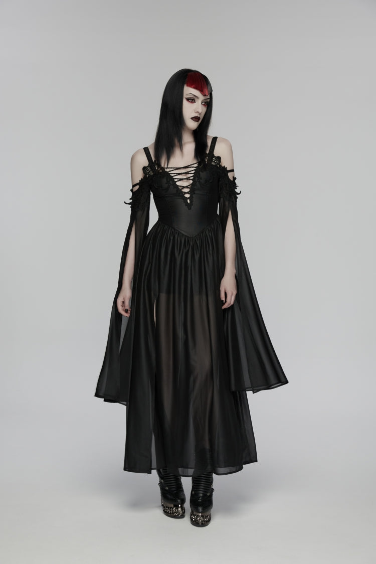 Black Off Shoulder Long Sleeves Embroidered Lace-Up Women's Gothic Elegant Dress Wedding Dress - Product - 5