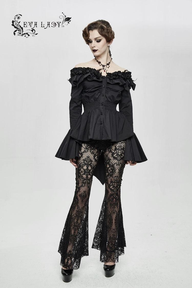 Black Rose Flowers Decoration One-Word Collar Long Sleeve Flare Cuff Women's Gothic Blouse - Product - 5