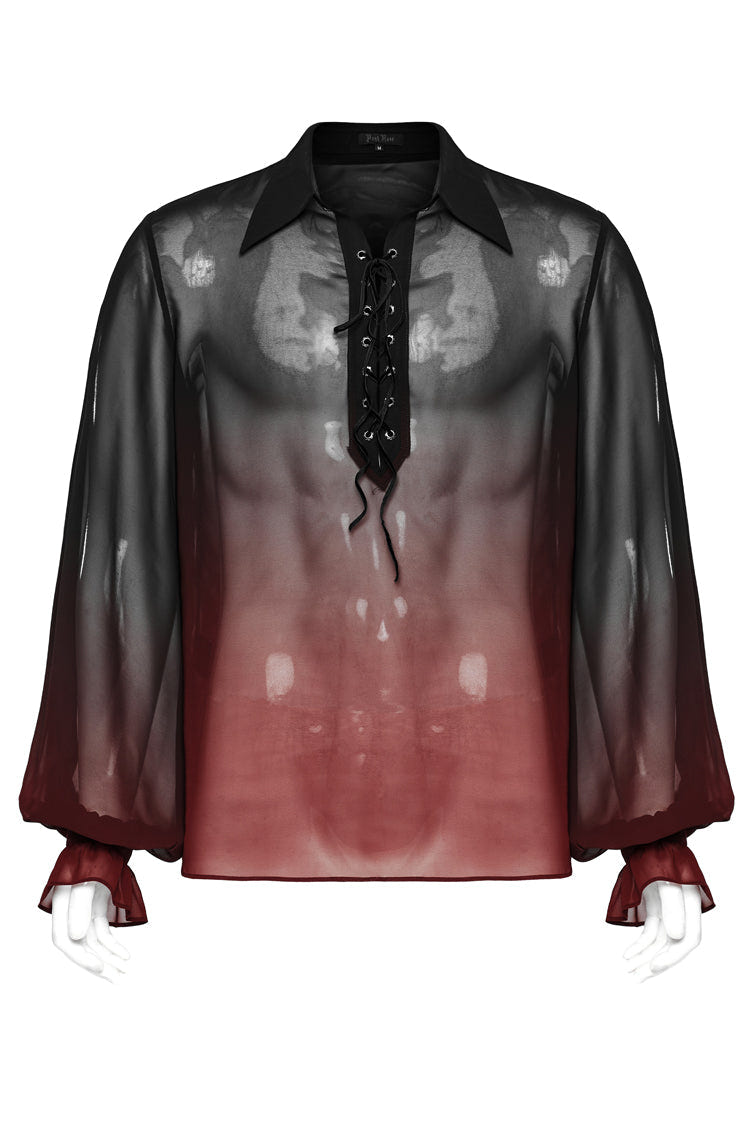 Black/Red Lapel Collar Gradient Sheer Men's Gothic Blouse - Product - 5