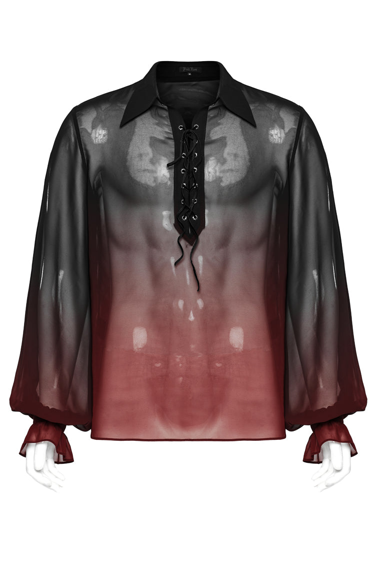 Black/Red Lapel Collar Gradient Sheer Men's Gothic Blouse - Product - 5