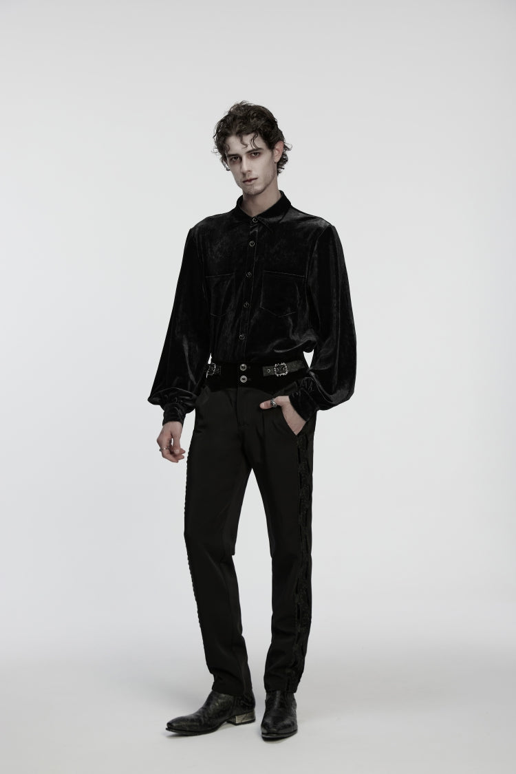 Black Embroidered Lace Buckled Men's Gothic Pants - Product - 3