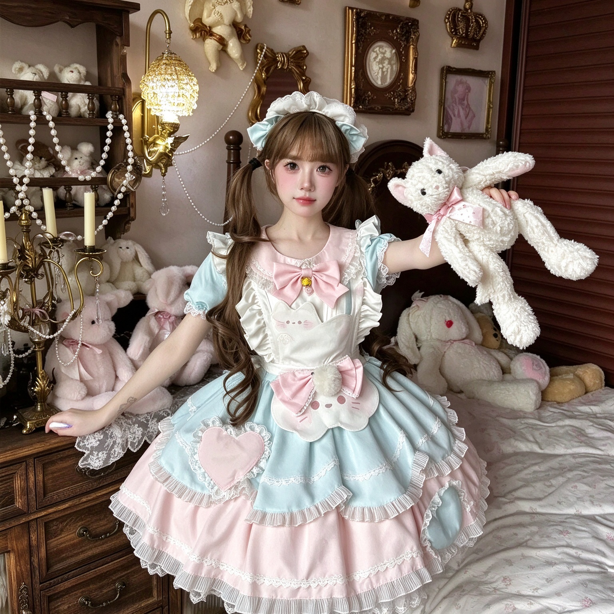 Blue and Pink Ruffled Cat Maid Lolita Dress with Apron Bow Accent - view 2