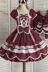 Red [Gingham Petal Bunny] Short Sleeves Printed Ruffled Bow Sweet Lolita OP Dress - Product - 15