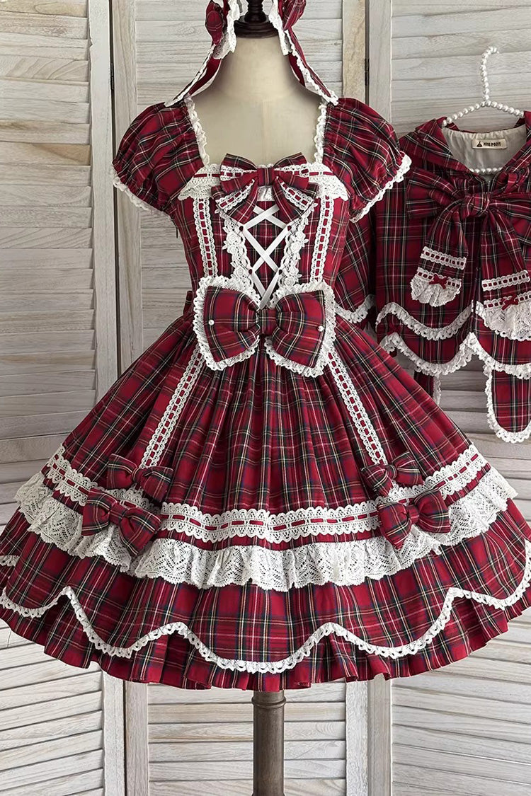 Red [Gingham Petal Bunny] Short Sleeves Printed Ruffled Bow Sweet Lolita OP Dress - Product - 15