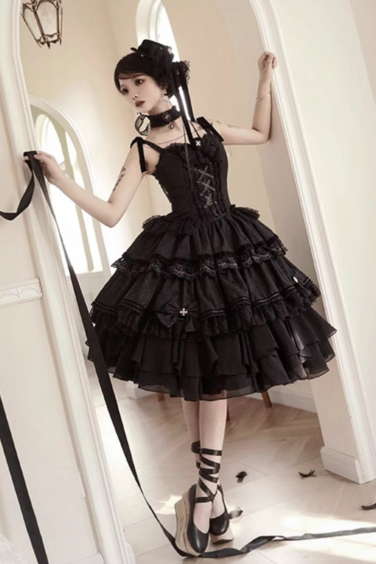 Black Double-Layered Ruffle Lace Gothic Ballet Lolita Jsk Dress - Product - 5