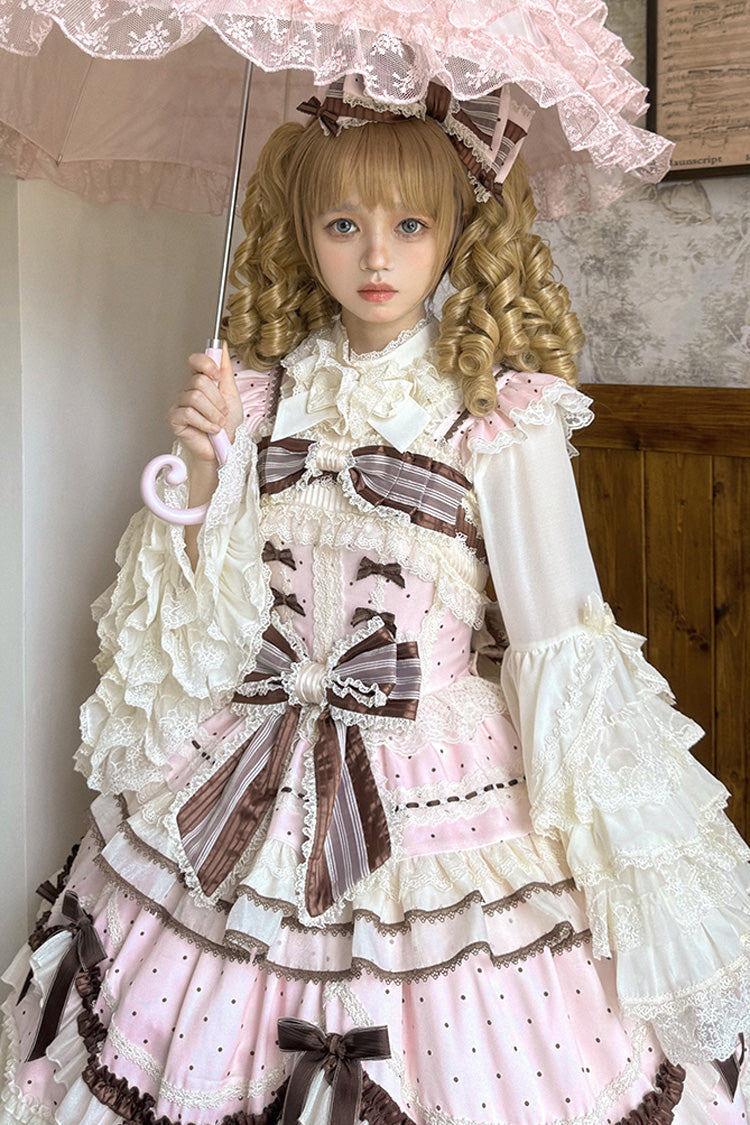 Pink [Shengqiao Tata] Sleeveless Print Ruffle Bowknot Lace-Up Sweet Elegant Lolita Jsk Dress - Product - 15