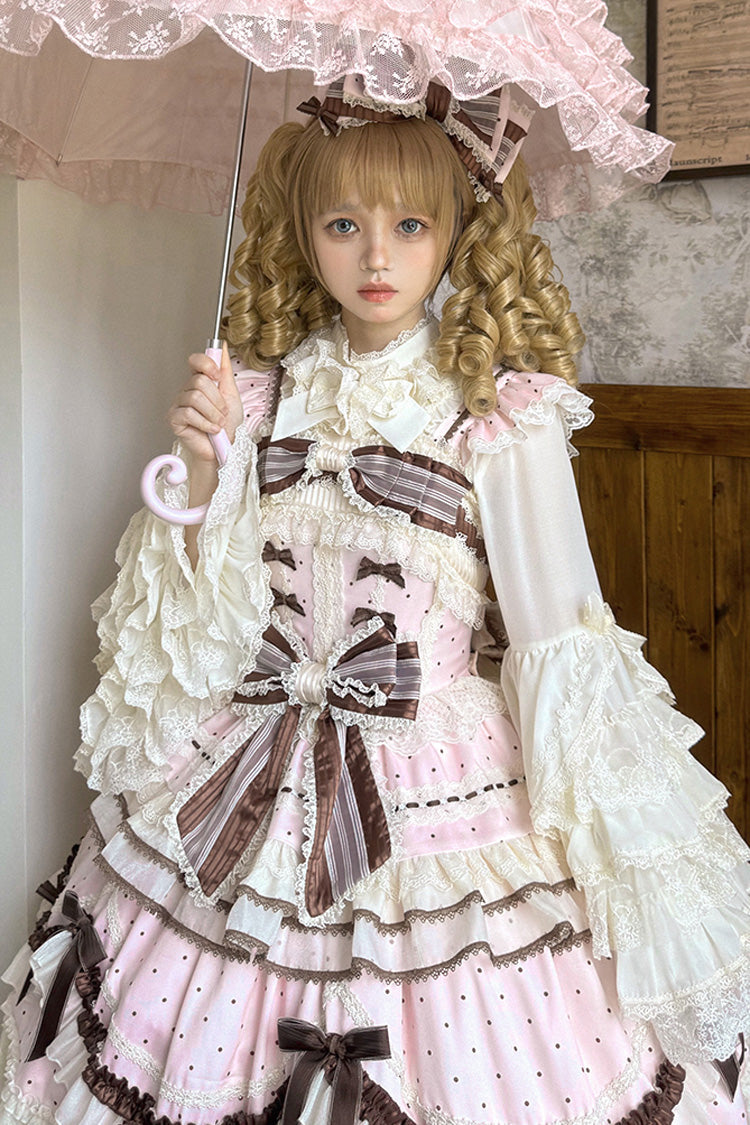 Pink [Shengqiao Tata] Sleeveless Print Ruffle Bowknot Lace-Up Sweet Elegant Lolita Jsk Dress - Product - 15