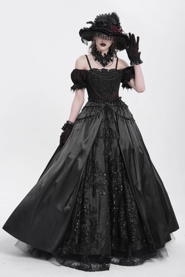 Black Off Shoulder Short Sleeves Jacquard Cardigan Stitching Lace Women's Gothic Dress - Black - 1