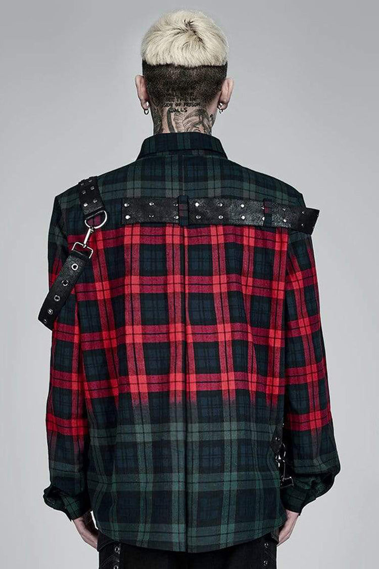 Red/Green Punk Plaid Simple Leather Loops Cotton asticity Men's Shirt - Product - 3
