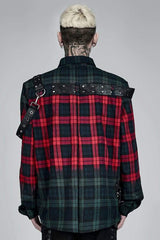 Red/Green Punk Plaid Simple Leather Loops Cotton asticity Men's Shirt - Product - 3