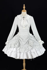 White [Point Manor] Stand Collar Long Sleeves Multi-Layered Striped Printed Ruffled Lifted Hem Bow Gothic Lolita Dress - Product - 3