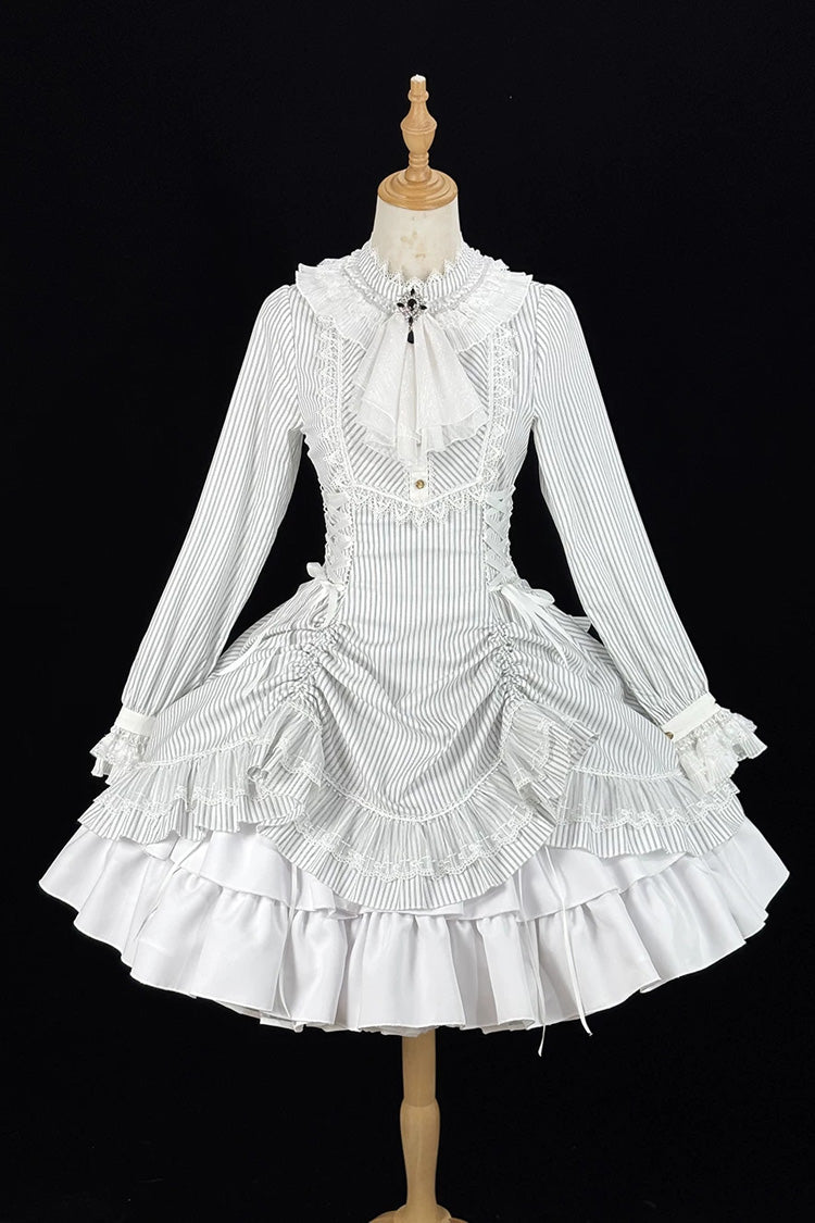 White [Point Manor] Stand Collar Long Sleeves Multi-Layered Striped Printed Ruffled Lifted Hem Bow Gothic Lolita Dress - Product - 3