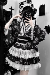 Jirai Kei Long Sleeves Printed Ruffled Lace Studded Gothic Japanese Top and Skirt Set 3 Colors - Black/White - 1