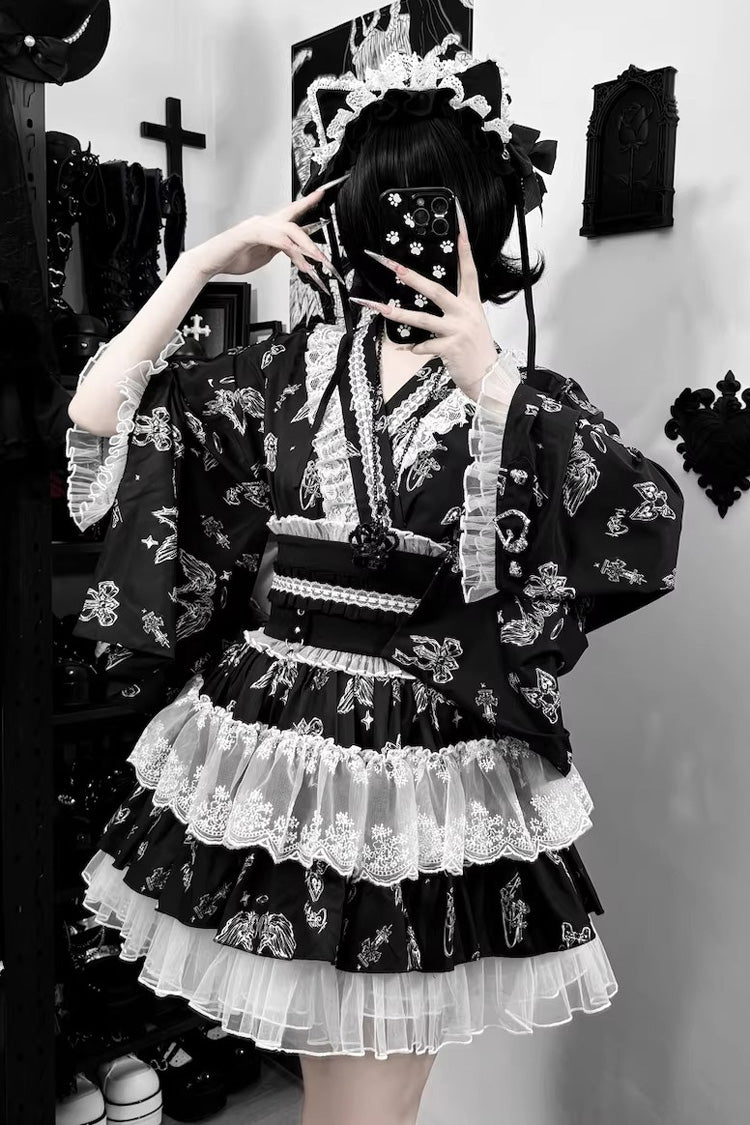 Jirai Kei Long Sleeves Printed Ruffled Lace Studded Gothic Japanese Top and Skirt Set 3 Colors - Black/White - 1
