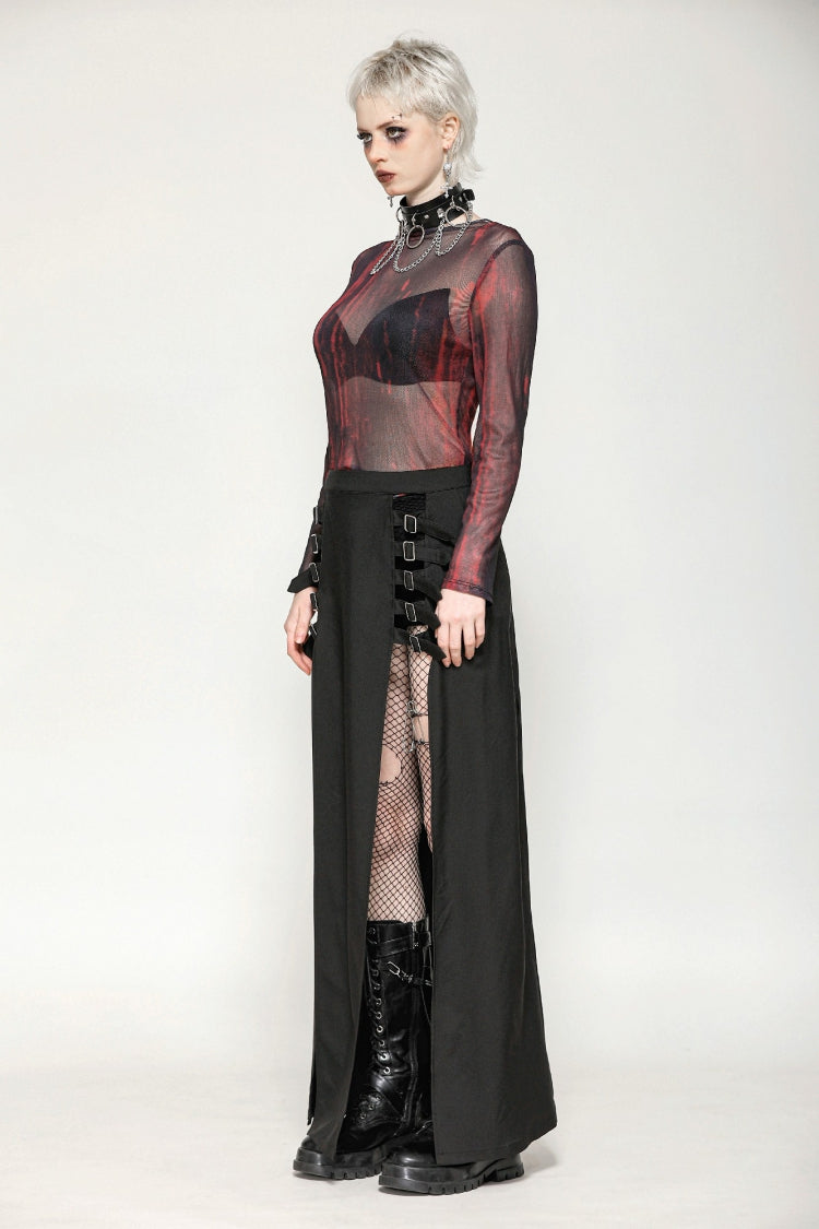 Black/Red Round Collar Long Sleeves Sheer Mesh Tie-dyed Women's Gothic Versatile Basic Top - Product - 4