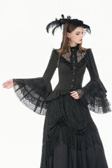 Black Stand Collar Long Trumpet Sleeves Multi-Layered Ruffled Lace Patchwork Lace-Up Women's Victorian Gothic Blouse - Product - 7