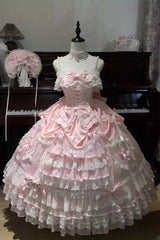 Pink [Ode of the Curtain] Multi-Layered Ruffled Hanayome Open-Front Bow Lace Lace-Up Sweet Long Lolita Jsk Dress - Product - 3