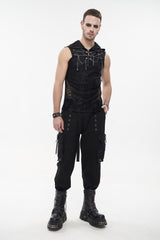 Black Skull Hollowed Out Print Stitched Sleeveless Chain Hoodie Men's Punk Shirt - Product - 3