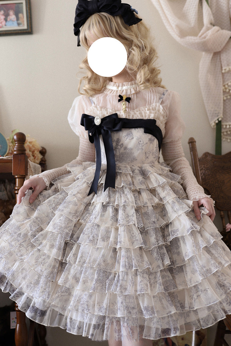 Multi-Color [Wonderland Travels] Multi-Layered Print Ruffle Bowknot Sweet Lolita Tiered Dress - Product - 6