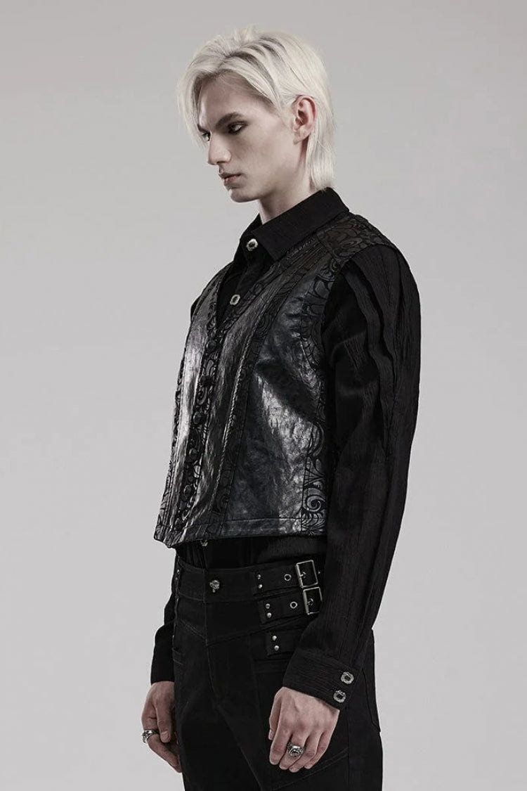 Black V Collar Sleeveless Exquisitely Carved Floral Print Faux Leather Mens Gothic Vest - Product - 2