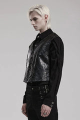 Black V Collar Sleeveless Exquisitely Carved Floral Print Faux Leather Mens Gothic Vest - Product - 2