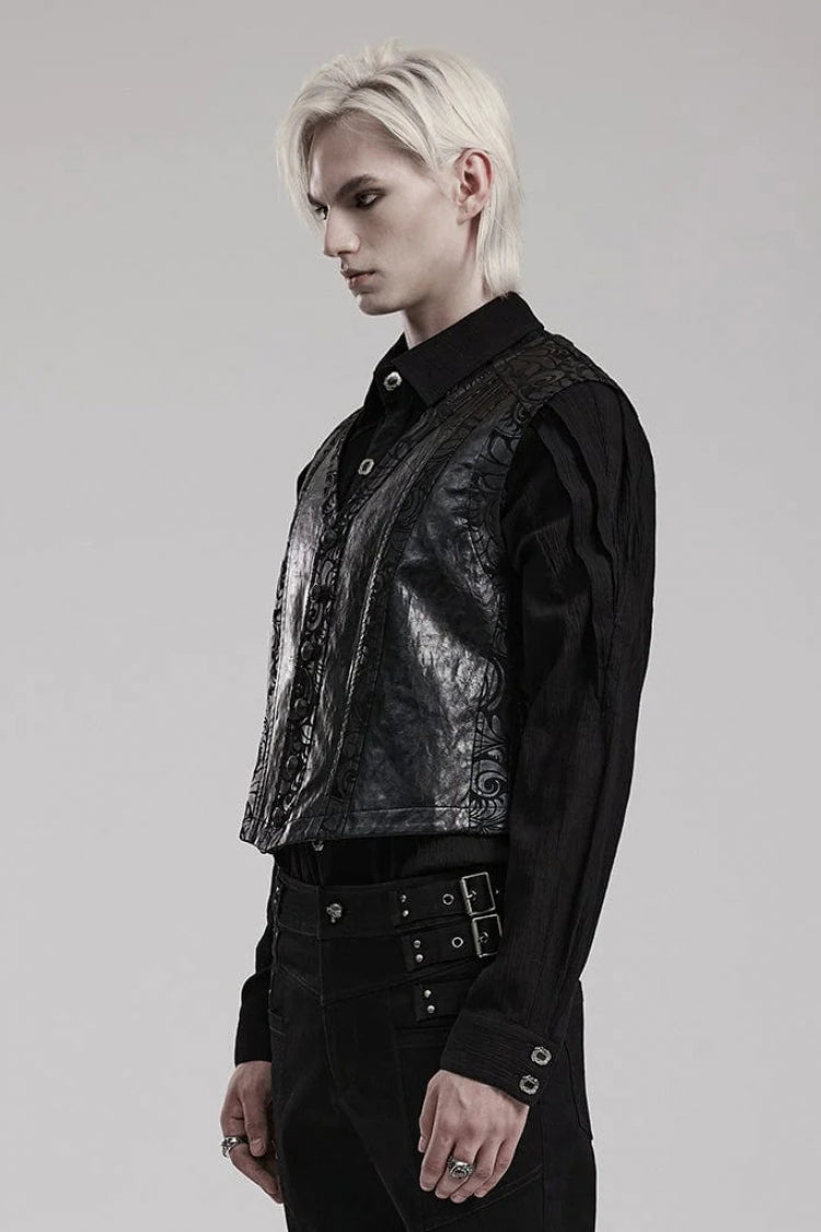 Black V Collar Sleeveless Exquisitely Carved Floral Print Faux Leather Mens Gothic Vest - Product - 2