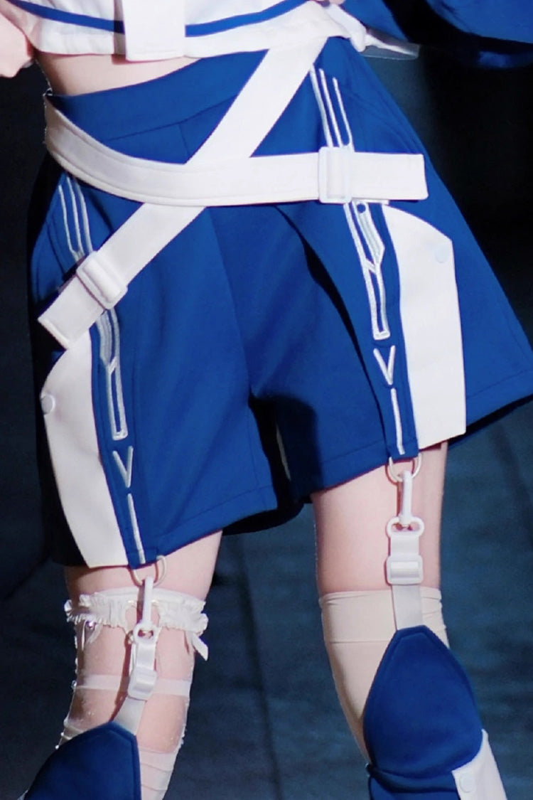 White/Blue [Zero-Type Transformation] Techwear Long Sleeves Embroidered Hooded Punk Jirai Kei Shorts Coat Set - Shorts - 15